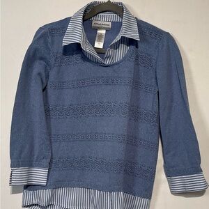 Alfred Dunner Kids Striped Collar Blue Sweater